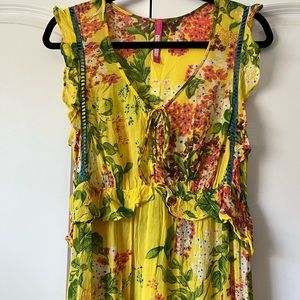 Tracy Reese Yellow Floral Maxi Dress with Small Ruffle Details
